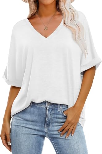 Womens Oversized T Shirts V Neck Loose Fit Shirts Short Sleeve Summer Casual Tops 2025 Trendy Blouses Y2K Plain Tees