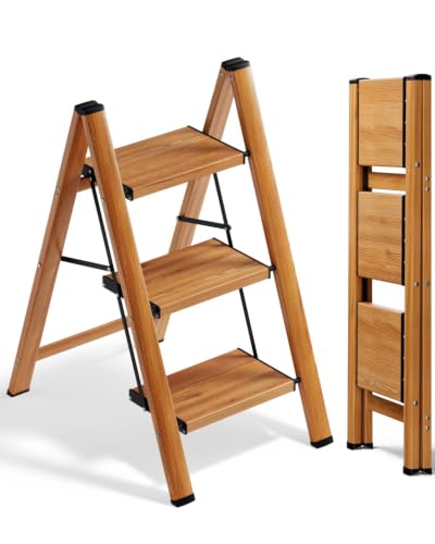 Image of SOLADDER 3 Step Ladder, Folding Aluminum 3 Step Stool with Anti-Slip Wide Sturdy Pedal, Multi-Use for Home and Kitchen, Space Saving-Woodgrain(300 lbs Capacity)
