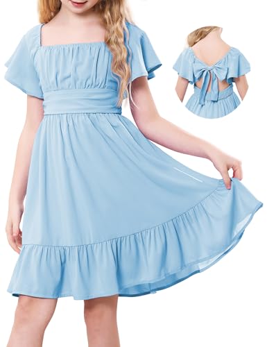 Durio Girls Summer Short Sleeve Dress Tie Back Off Shoulder Dresses for Teens Ruffle Tween Girls Dresses Size 6-16 Years