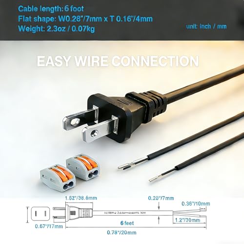 Image of 6ft 18AWG Polarized 2 Prong AC Power Pigtail Black Flat Open End Cord