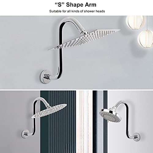 Nearmoon S Shaped Shower Head Riser Pipe, Shower Head Extender Arm With Flange, Standard 1/2" Connection- Bathroom Accessory, 12 Inch (1 Pack, Chrome) #TOP4