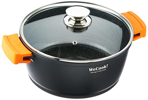 WECOOK! Ecochef Titanio Cazuela Alta Inducción Tapa de Cristal 24cm, 5 Capas Antiadherente QUANTANIUM Ecológico sin PFOA, Aluminio Fundido 5mm, 11,75cm Alto, Asas Silicona, Vitrocerámica, Gas, Horno