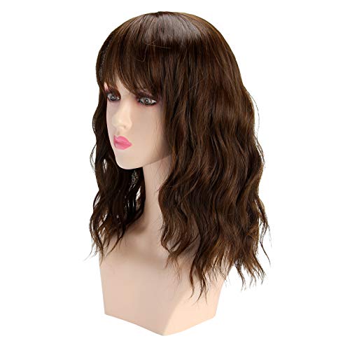 Chrider Wigs for Women, 16" Pastel Loose Wavy Wigs with Bangs for Women, Nature Dark Brown Colored Wigs Heat Resistant Shoulder Length Pastel Bob Synthetic Wavy Bob Wig Daily Party Cosplay Wigs