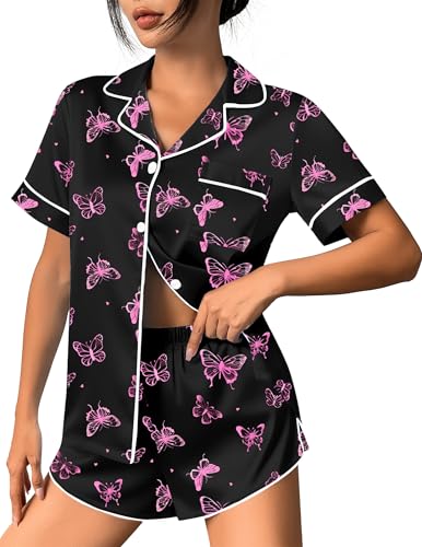 Image of Ekouaer Womens Silk Satin Pajama Set Print Short Sleeve Sleepwear Button Down Pjs Shorts Set Loungewear