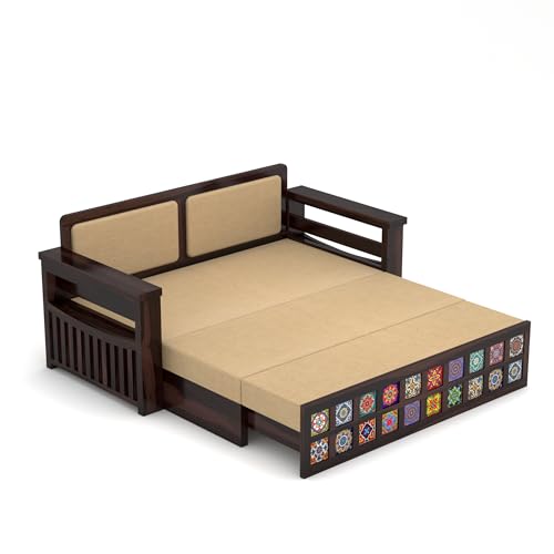 Image of Solid Sheesham Wood Sofa Cums Bed with Cushioned Seating & Handcrafted Tile Storage Front | Rosewood Convertible Sofa Bed for Living Room & Bedroom (Walnut)