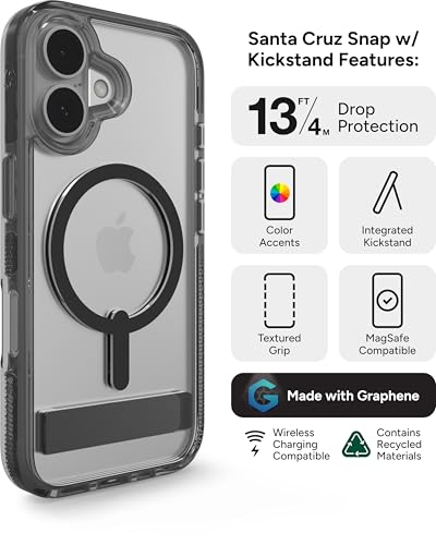 Image of ZAGG Santa Cruz Snap Case for with Kickstand iPhone 16 - MagSafe Compatible, 13ft Military-Grade Drop Protection, Reinforced with Graphene, Slim Clear Case with Vibrant Color Accents, Black