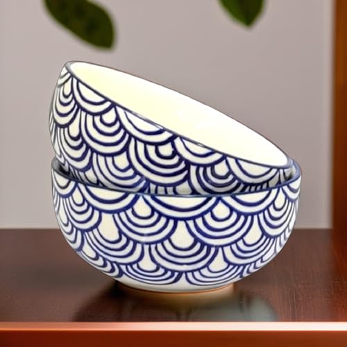 Image of KITTENS Ceramic Serving Bowls 350ml - Set of 2 - Blue Wave Handpainted Pattern | Microwave & Dishwasher Safe | Food Grade | Ideal for Soup, Pasta, Maggi, Cereal, Dessert & Daily Use