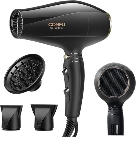 Professional Salon Hair Dryer, CONFU 1875 Watt Negative Ionic Fast Drying Blow Dryer, AC Motor Low Noise Hair Blow Dryer with Diffuser & 2 Concentrator Nozzles
