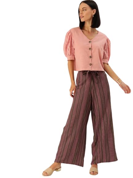 Women Burgundy & Pink Solid Schiffli Sleeved Top with Palazzos – Elegant, Comfortable, and Stylish Pair-image-37