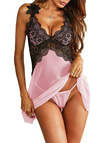 Sexy Lace Lingerie V Neck Lace Babydoll Flower Strap Chemise Nightgown Nighty for Women Sexy Pink