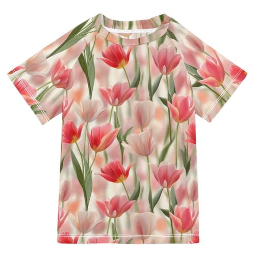 ALAZA Kids Rash Guard Girls Toddler Swim Shirts Short Sleeve Tulips Lovely UPF 50+ 3T