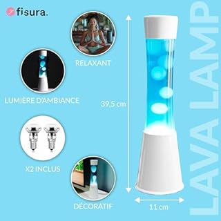fisura. - Lampe à lave bleue. Base blanche, liquide bleu et lave blanche. Lampe d'ambiance originale. Avec ampoule de rechange. 11 cm x 11cm x 39,5 cm.