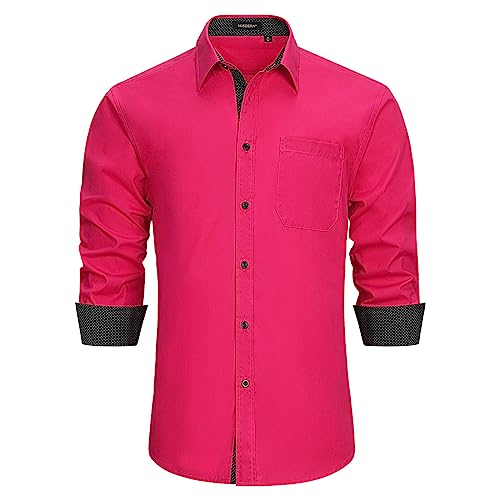 HISDERN Chemise Manches Longues Homme Regular Fit Chemises Formelle Shirt Casual Chemise Rose Fushia L