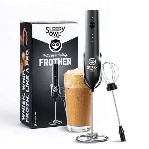 Image of Sleepy Owl Coffee Frother Electric | 3 Speed Modes, Type -C Rechargeable, Handheld Beater, Whipper & Whisker with Stand | Milk Frother Perfect for Coffee, Lattes, Milk, Hot Chocolates & Cream