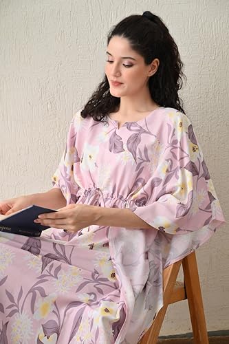 Image of Ichaa Women's Pink Rayon Printed Round-Neck Kaftan-Style Free Size Nighty with Drawstring