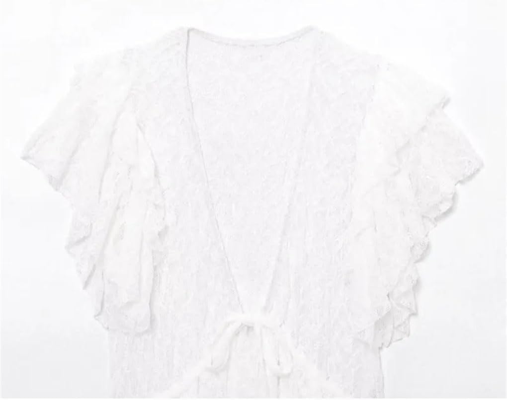 Women's Ruffled Hollow Embroidery V-Neck Chiffon Lace-Up Shirt