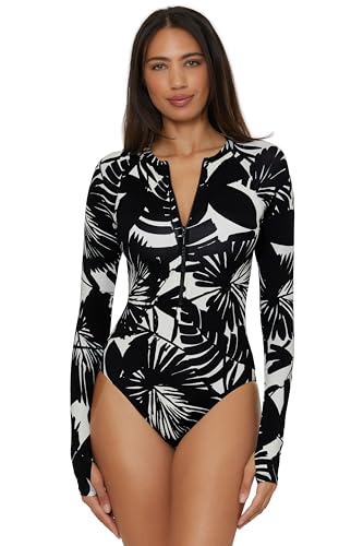 [Trina Turk] s[X Paddle One Piece Swimsuit, Rash Guard, Uv Protection, Zip Front, Long Sleeve, Bathing Suits for Women fB[X