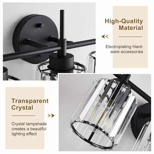 Image of EJIAXIN 4 Light Round Crystal Vanity Lights, Modern Black Crystal Wall Light Bath Mirror Light Fixture Over Mirror Bathroom Wall Sconces for Bathroom Living Room