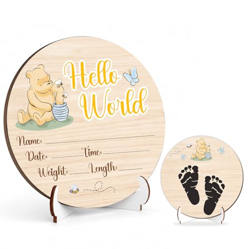 Winnie Baby Wooden Newborn Birth Sign, Winnie Hello World Newborn