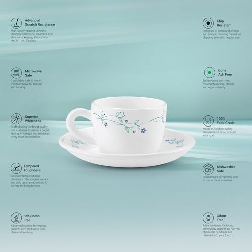 Image of Treo By Milton Opalware Ophelia 13 Murel Cup & Saucer Set | Microwave & Dishwasher Safe | Bone-Ash Free | Tempered Toughness | Set of 12 | White | Crockery Set for Daily Use & Gifting