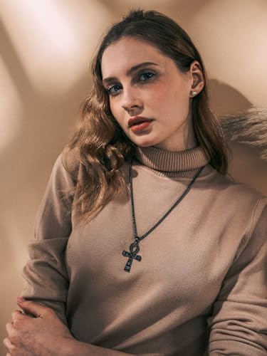 Stainless Steel/Gold/Black Plated Ankh Cross Pendant Necklace for Men Women with Wheat Chain Religious Jewelry(with Gift Box)2