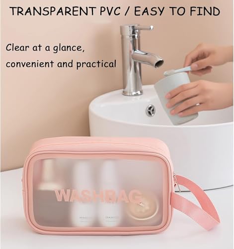 Image of Wazdorf Clear PVC Makeup Pouch Set of 3 for Women & Girls | Waterproof Cosmetic Organizer Bags | Travel Toiletry Bag, Wash Bag, Portable Makeup Storage Case, Bathroom & Travel Accessories(Pink -3 Pcs)