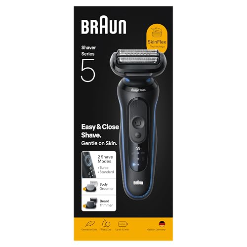 Image of Braun Series 5 Men's Electric Shaver with 50 Minutes Battery Life, +2 Attachments, Wireless Wet and Dry Shaver for Men, Made in Germany, Waterproof, 52-B1650s, Blue