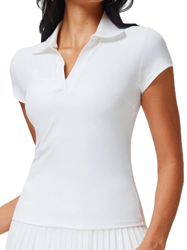 Hularka New Women's Sport Short Sleeve Golf Top - Quick Dry Deep V Collar Soft Comfort Naked Feel Outdoor Running Fitness Tennis Wear White Large