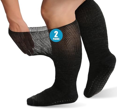 Facool Extra Wide Diabetic Socks, 2 Pairs Merino Wool Non-Binding Top For Swollen Feet, Non-Slip Hospital Socks with Grippers, Black X-Large