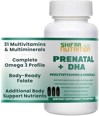 SHIFAA NUTRITION Halal Prenatal Vitamins with DHA and Folic Acid | High Potency 90 Softgels, Keto-Friendly | Vitamin C 120mg, DHA 250mg, Folic Acid 800mg, EPA 90mg, Biotin & Iodine