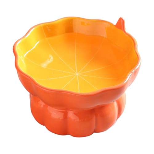 Yeexoxow Cute Pumpkin Shaped Bowl, Ceramic Raised Cat Bowl for Food or Water, Anti Vomiting & Whisker Friendly, 9 oz Small Elevated Cat Dish for Indoor Flat Faced Cats and Kitten