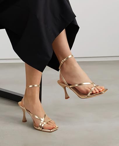 Image of Women's Strappy High Heels Sandals Square Open Toe Ankle Strap Slingback Thong Stilettos Shoes for Wedding