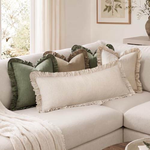 Image of Foindtower Set of 1 Decorative Linen Fringe Ruffle Throw Pillow Cover Long Lumbar Farmhouse Cushion Cover Body Accent Retro Pillowcase for Couch Bed Living Room Home Decor,14x36 Inch,Natural Beige