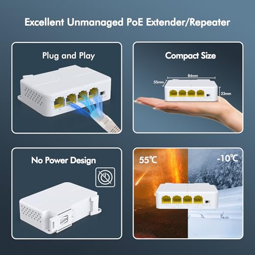 Image of YuanLey 4 Port PoE Extender Gigabit with 3 PoE Out, IEEE 802.3af /at Mini 4 Channel Repeater 1000Mbps, VLAN, Wall and Din Rail Mount Passthrough POE Amplifier /Booster, Plug and Play
