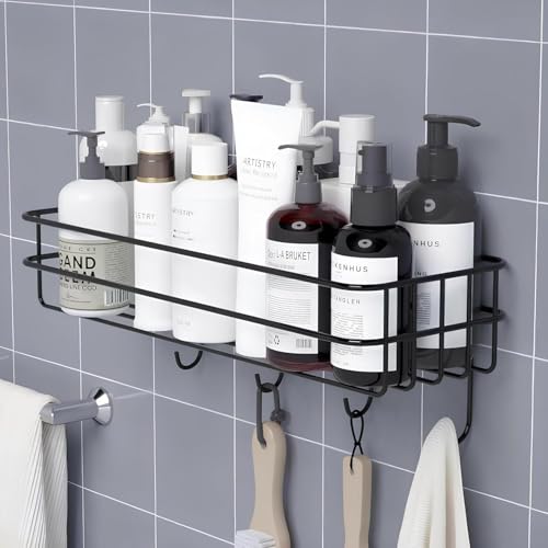 Madhuvan Stainless Steel Bathroom Shelf for Wall, Self Adhesive Bathroom Organiser, 4 Hooks for Towel Holder, Space-Saving Wall Mounted Bathroom Shelf with Elegant Design (Pack of 1, Black)