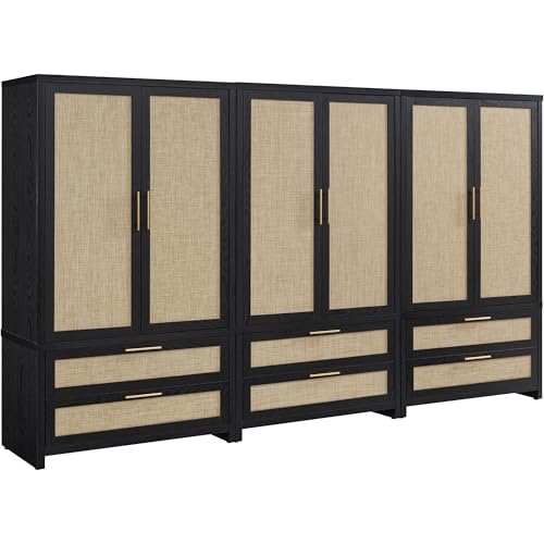 Image of SICOTAS Armoire Wardrobe Closet, Larger Rattan Armoires Wardrobe Cabinet with 2 Large Drawers & Hanging Rod, Tall Closet Storage Cabinet for Cloak Room, Bedroom, Black Oak (3 Pieces)