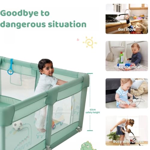 Image of Dawnwake Small Playpen 120 x 120 cm for Toddlers & Kids up to 3 Years with 2 Anti-Fall Grasp Rings, Baby Fence with Safety Lock & Suction Cup (No Mat /No Ball, Non-Foldable) -Green