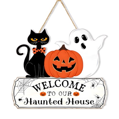 Halloween Decorations Door Wreath Pumpkin Black Cat Ghost Welcome...
