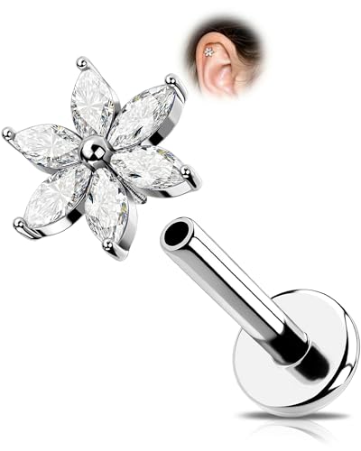 OUFER 16G Fleur Piercing Helix Filetage Interne Titane G23 Piercing Oreille Cartilage Conch 8 mm Helix Anneaux CZ Clair Boucle d'oreille Tragus Conch pour Femme