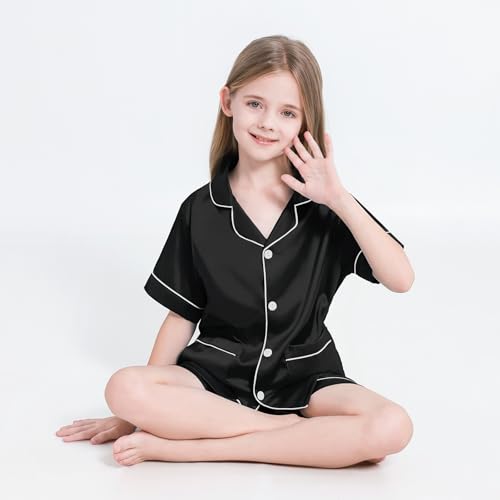 Weixinbuy Girls Pajamas Satin Pajama Set for Girls 2Pcs Silky Pjs Sleepwear Short Sleeve Button Down PJ Set Gifts for Kids4