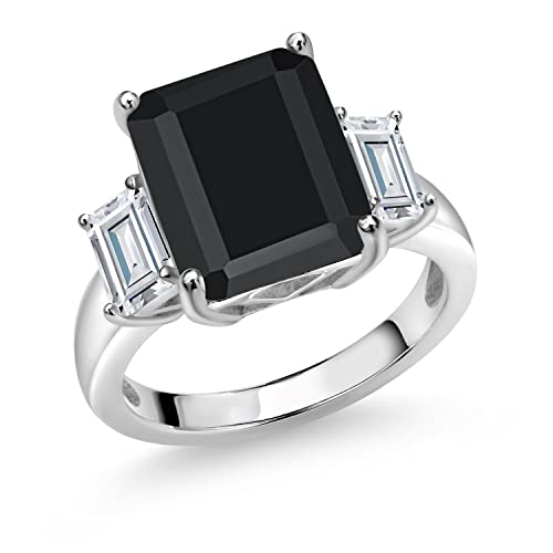 Gem Stone King 6.91 Cttw Black Onyx and White Moissanite 3 Stone Engagement Ring For Women | 925 Sterling Silver | 3 Stone Wedding Anniversary Promise Ring | Available In Size 5, 6, 7, 8, 9