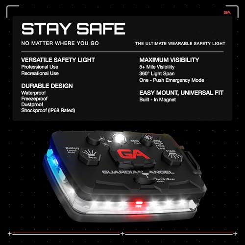 Image of Guardian Angel Elite Series Safety Light (White Front & Blue /Yellow Rear) - Rechargeable, Magnetic, Hands-Free Wearable & Mountable LED Flashlight for Construction, Roadside, Towing, & Industrial PPE