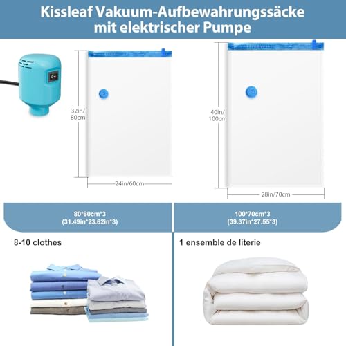 Kissleaf Vakuumbeutel für Kleidung Bettdecken mit Elektrische Pumpe 6 Stück (3 Jumbo, 3 groß) Reise Schnelles Ablassen der Luft Platzsparend,wasserdichtplus Größe für mehr Kompression