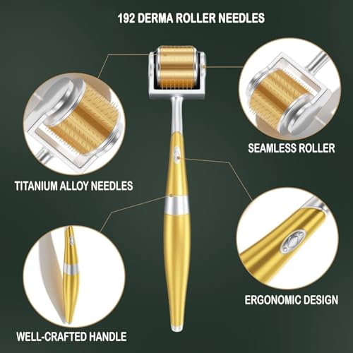 Image of Geek Lab Professional Gold Plated 192 Needles Titanium Alloy Derma Roller, Gold, 1mm for Acne Skin & Hair Loss By Stimulating Natural Healing Responses.