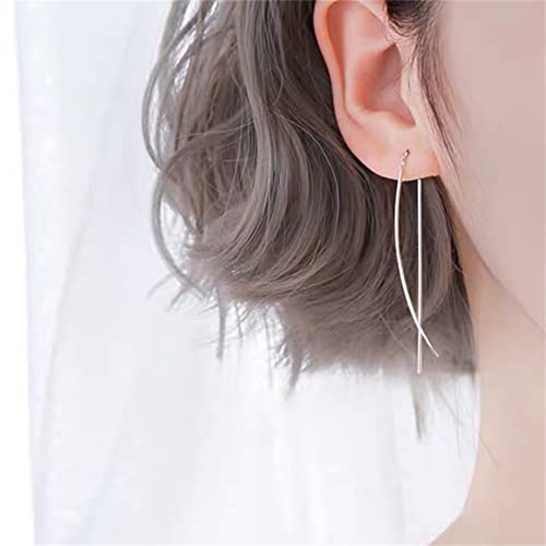 MALOYANVE 3 Pairs Modern Metallic Arc Bar Pull Through Threader Earrings Minimalist Silver Gold Black Simple Lightweight Curved Ribbon Vertical Drop Fish Hoop Dangles Arc Threader Earrings4