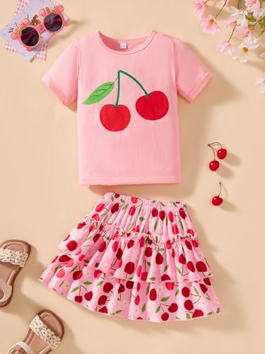 Image of Little Girls Skirt Set - 2 Piece Short Sleeve Top Shirred Tiered Skirt Outfit Girls Spring Summer Clothes 3-8 Years