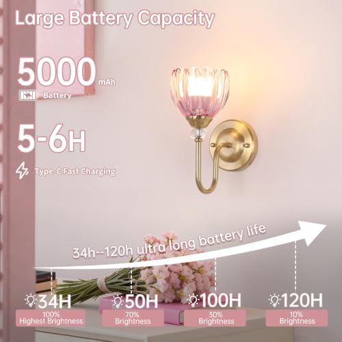 Image of Set of 2 Vintage Battery Operated Wall Sconce, Rechargeable Wall Lamp with 5000mAh Battery & Remote Control, Dimmable Wall Lights with tulip shade for Bedroom Bathroom Living Room, (Tulip Pink Up)
