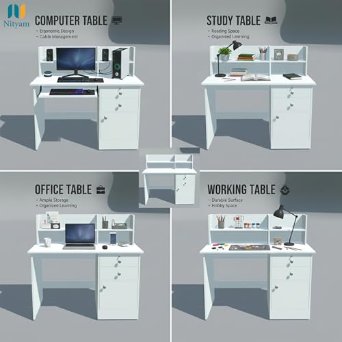 Image of Nityam Multipurpose Computer Table with Drawer | Study Table with Book Shelf for Student |Office Table for Work Home (Color-White)
