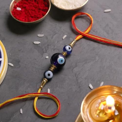 Image of Shubhanjali Crystal Beads Rakhi for Brother | Handmade Healing Crystal Stone Designer Rakhi for Bhaiya | Raksha Bandhan Gift Set with Roli Chawal, Kumkum, Greeting Card & Potli