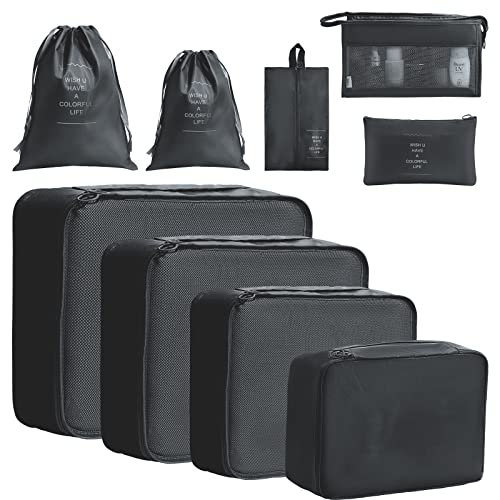 Meowoo Set de 9 Organisateur Valise, Rangement Valise Packing Cubes Organisateur Voyage Sac Postuler à Valises, Sac de voyage, Organisateur de Voyage, Sac à Chaussures (9Pcs- noir) Cover